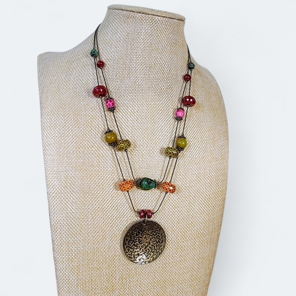 Colorful beaded necklace with Antique Brass tone Medallion - Picture 1 of 14